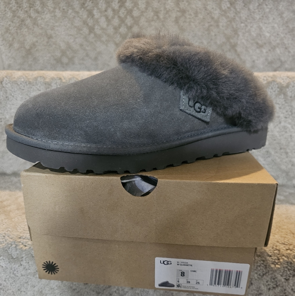 UGG Charcoal Suede Fur-Lined Mules